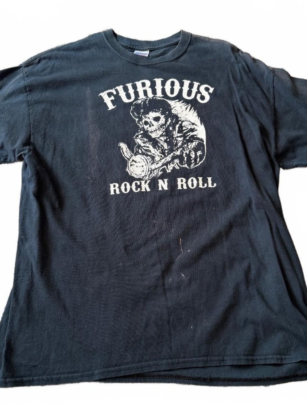 Vintage XL Black Gildan Furious Rock N Roll Skeleton Biker Graphic T-Shirt